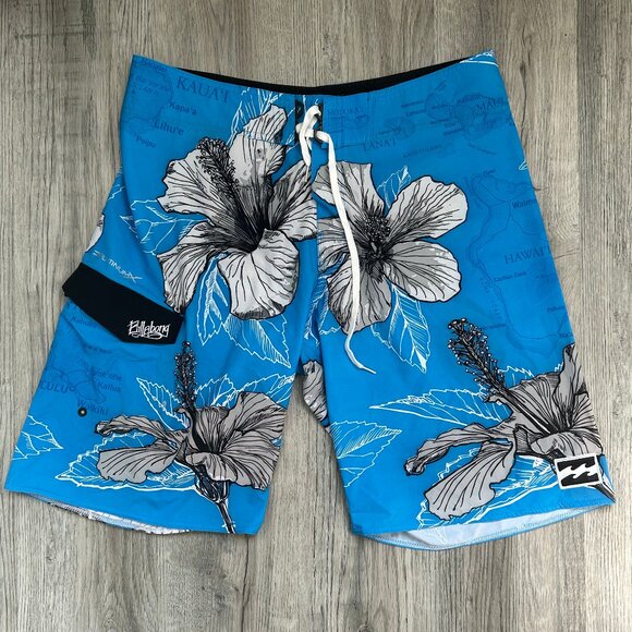 Billabong Platinum X Stretch Blue Floral Print Boardshorts Swimwear Size 38 - Picture 1 of 11